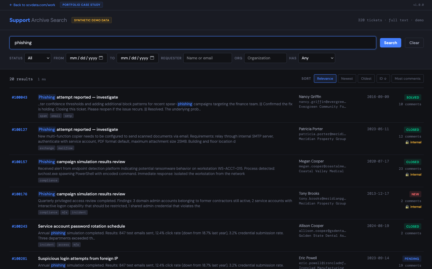 Support Archive Search — full-text search over historical support ticket archive
