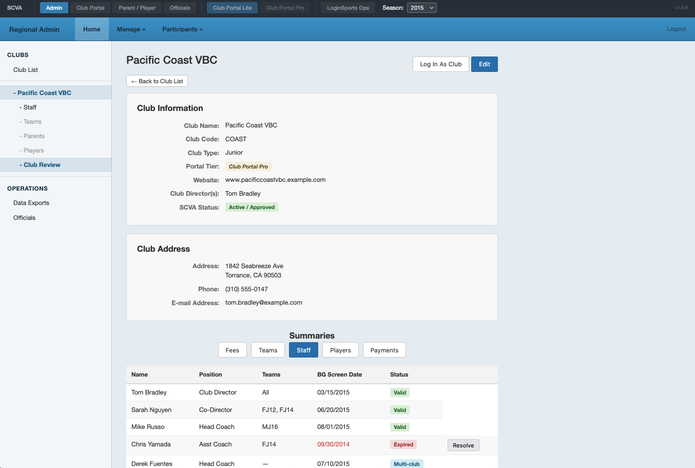 SCVA multi-portal registration system — admin view with background check compliance tracking