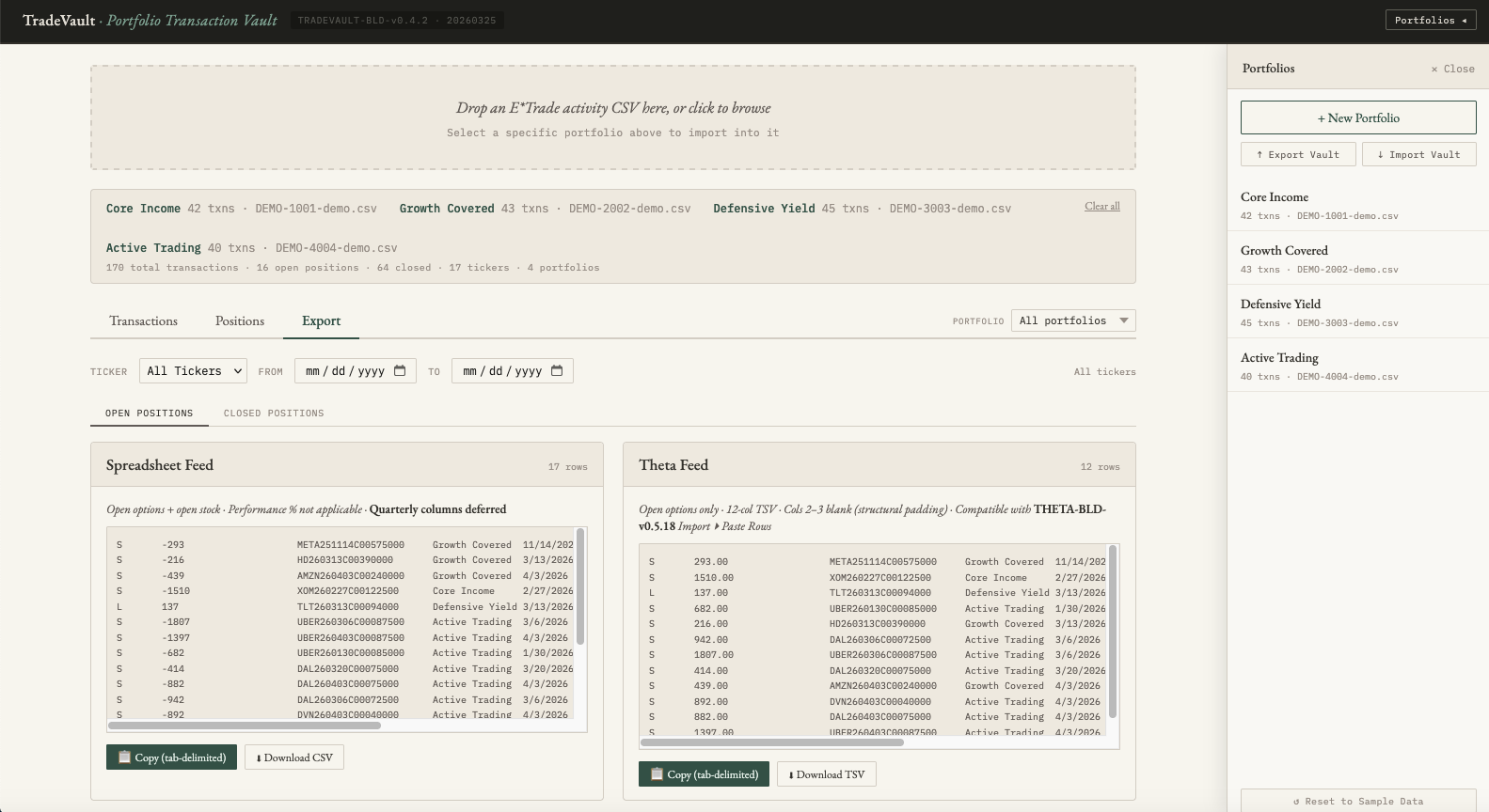 TradeVault portfolio activity workbench